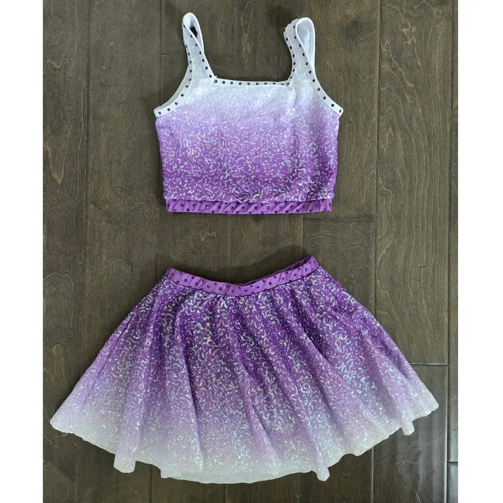 Weissman Blank Space Dance Costume Set Youth Medium Purple Ombre Sequins